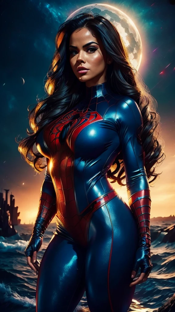 Adult Latina model Daisy Marie, topless, Sexy female dressed as Spider-Man, sexy with enormous tits, gorgeous face, beautiful, hourglass figure, highly detailed, masterpiece, 96k rendering, full moon in background, stars in sky, city lights, New York, nighttime, spider web, exsquisite MCU cinematic lighting, accurate real life face, perfect facial features, super long flowing brunette hair