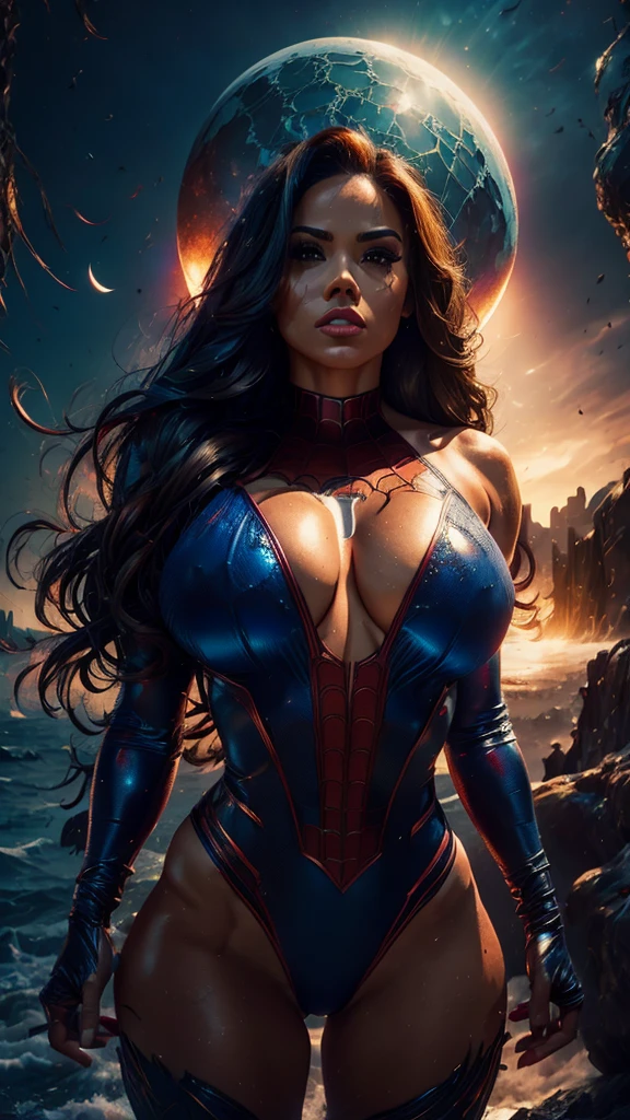 Adult Latina model Daisy Marie, topless, Sexy female dressed as Spider-Man, sexy with enormous tits, gorgeous face, beautiful, hourglass figure, highly detailed, masterpiece, 96k rendering, full moon in background, stars in sky, city lights, New York, nighttime, spider web, exsquisite MCU cinematic lighting, accurate real life face, perfect facial features, super long flowing brunette hair