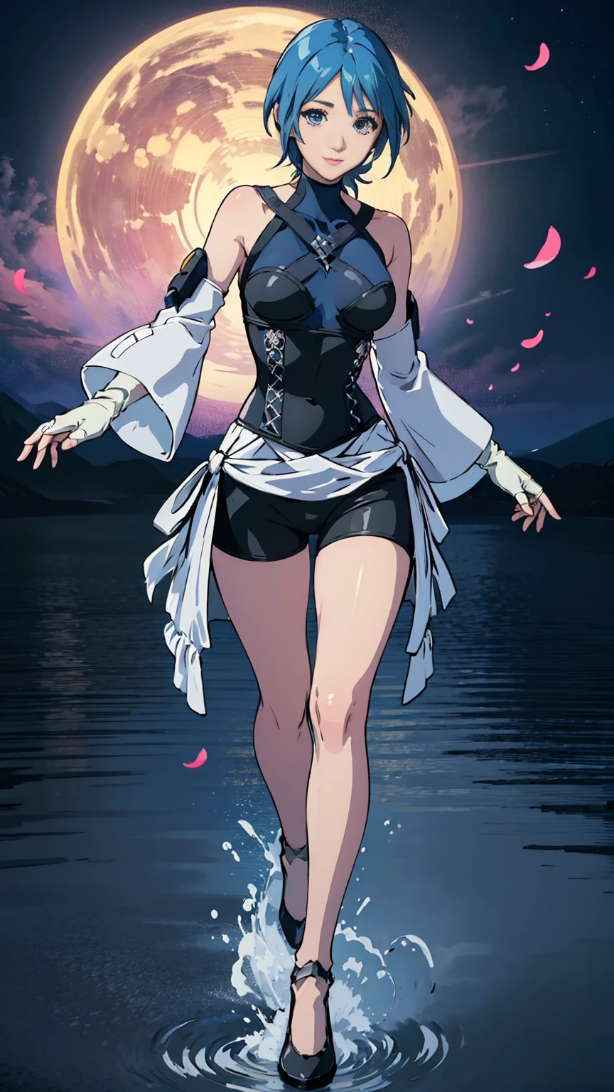 ((Full body photo, standing, feet on the ground)) aqua, 1girl, absurdities, masterpiece, blue eyes, blue hair, breasts, chest strap, elbow gloves, gloves, (skirt), (hearts of the kingdom ), looking at the viewer, transparent water bottom, smile, alone, clear sky, open field, empty background, wide sleeves, medium breasts, highlighted sleeves, black shorts, fingerless gloves, light background, (thighs), view from above, dynamic view
