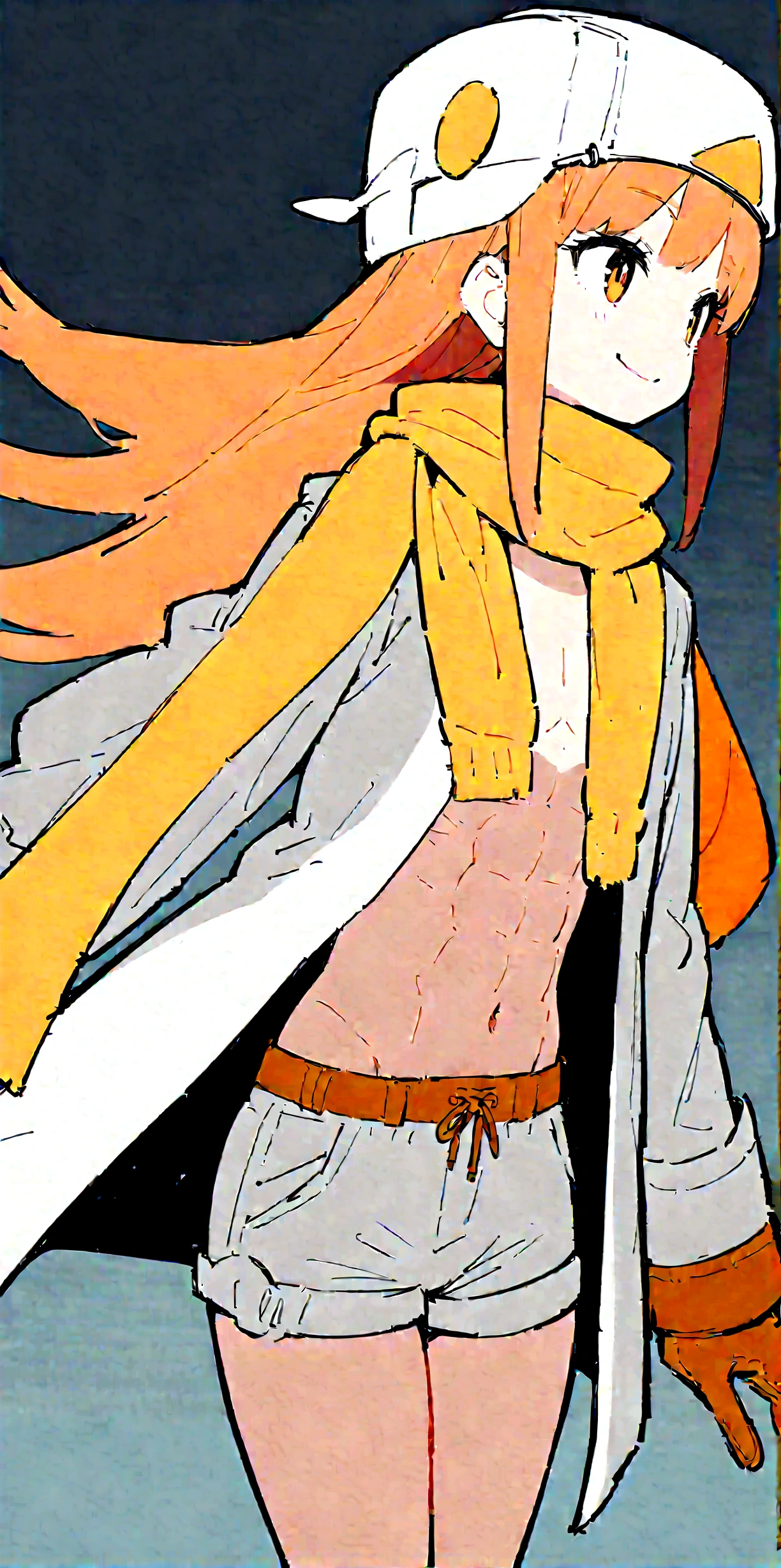 Anime Boys、Both have、Six Pack Abs、Orange Hair、Long Hair、happiness、solo、skinny body、smile、detailed、Highest quality、masterpiece、Flight Cap、Scarf、Shorts、gloves、navel、slender、coat