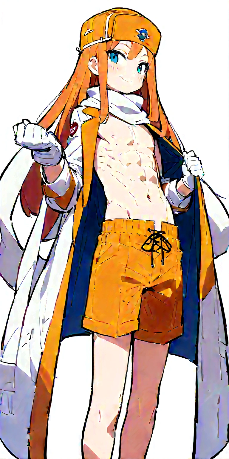 Anime Boys、Both have、Six Pack Abs、Orange Hair、Long Hair、happiness、solo、skinny body、smile、detailed、Highest quality、masterpiece、Flight Cap、Scarf、Shorts、gloves、navel、slender、coat