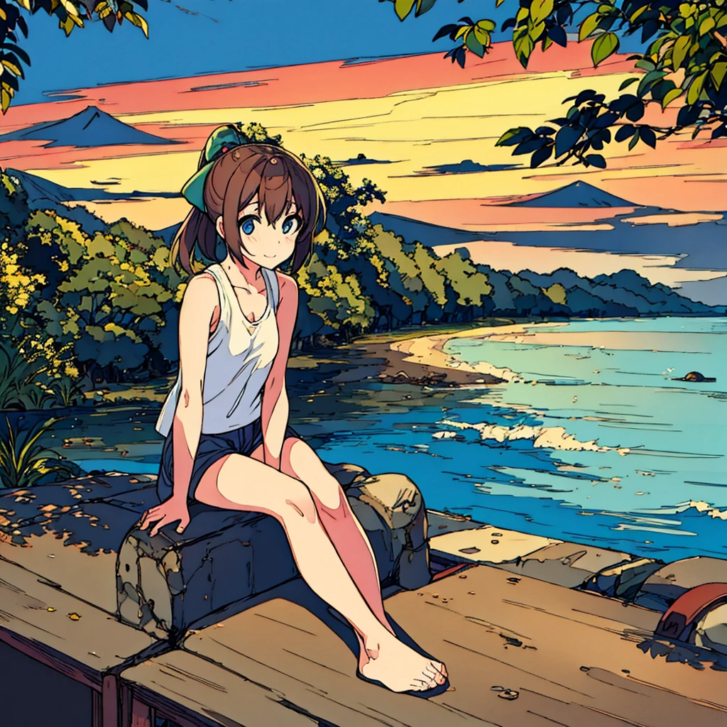 Full body of a sitting girl wearing a tank top Japanese summer Sunshine Nostalgic