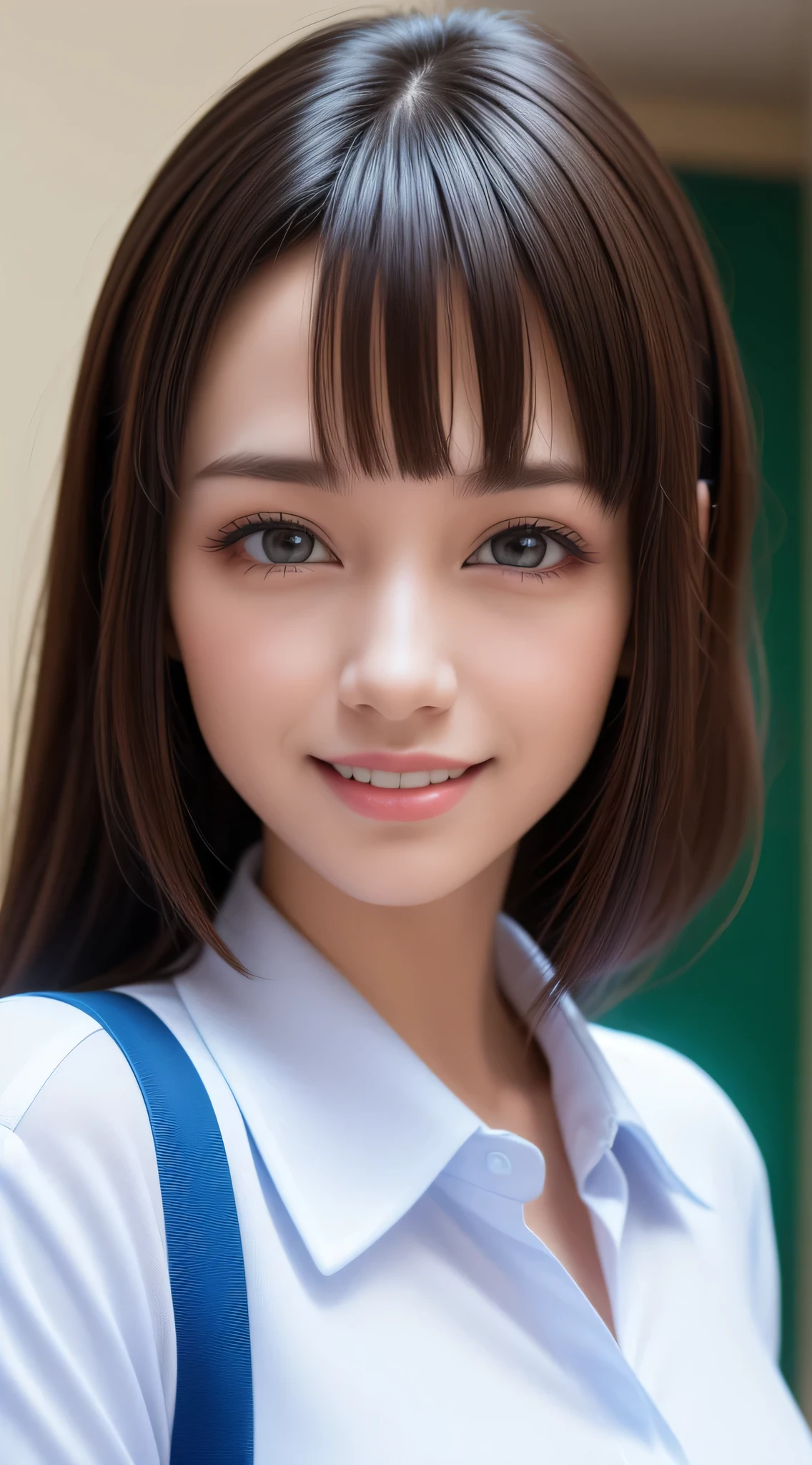 , 1girl in, Extremely cute, Amazing face and eyes, (Beautiful lovely smile), (extremely detailed beautiful face), bright and shiny lips, Super beautiful, (School blouse:1.3), (Best Quality:1.4), (hyper quality), (Ultra-detailed), (Hyper-realistic, Photorealsitic:1.37), Authentic skin texture, Highly detailed CG integrated 8k wallpapers, RAW Photos, professional photograpy, Cinematic lighting,