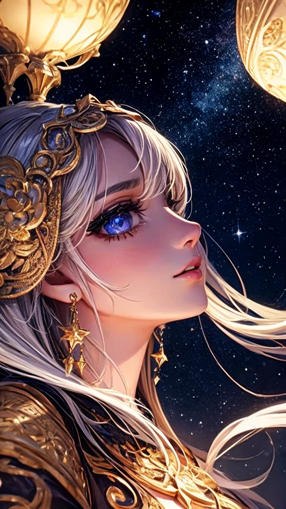 a beautiful woman looking at the stars, detailed portrait, beautiful detailed eyes, beautiful detailed lips, extremely detailed face, longeyelashes, elegant woman, starry night sky, glowing stars, atmospheric lighting, cinematic lighting, dramatic lighting, moody lighting, fantasy, dreamlike, ethereal, whimsical, magical realism, vibrant colors, rich colors, warm color palette, dynamic composition, intricate details, masterpiece, hyper-detailed, photorealistic, 8k