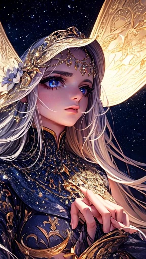 a beautiful woman looking at the stars, detailed portrait, beautiful detailed eyes, beautiful detailed lips, extremely detailed face, longeyelashes, elegant woman, starry night sky, glowing stars, atmospheric lighting, cinematic lighting, dramatic lighting, moody lighting, fantasy, dreamlike, ethereal, whimsical, magical realism, vibrant colors, rich colors, warm color palette, dynamic composition, intricate details, masterpiece, hyper-detailed, photorealistic, 8k
