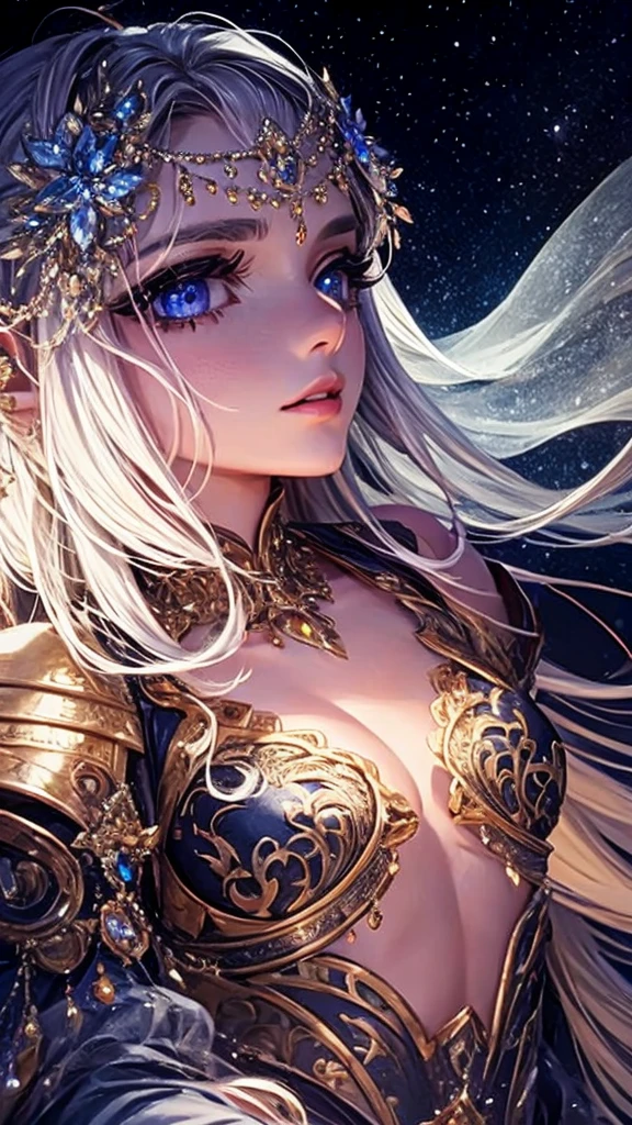 a beautiful woman looking at the stars, detailed portrait, beautiful detailed eyes, beautiful detailed lips, extremely detailed face, longeyelashes, elegant woman, starry night sky, glowing stars, atmospheric lighting, cinematic lighting, dramatic lighting, moody lighting, fantasy, dreamlike, ethereal, whimsical, magical realism, vibrant colors, rich colors, warm color palette, dynamic composition, intricate details, masterpiece, hyper-detailed, photorealistic, 8k