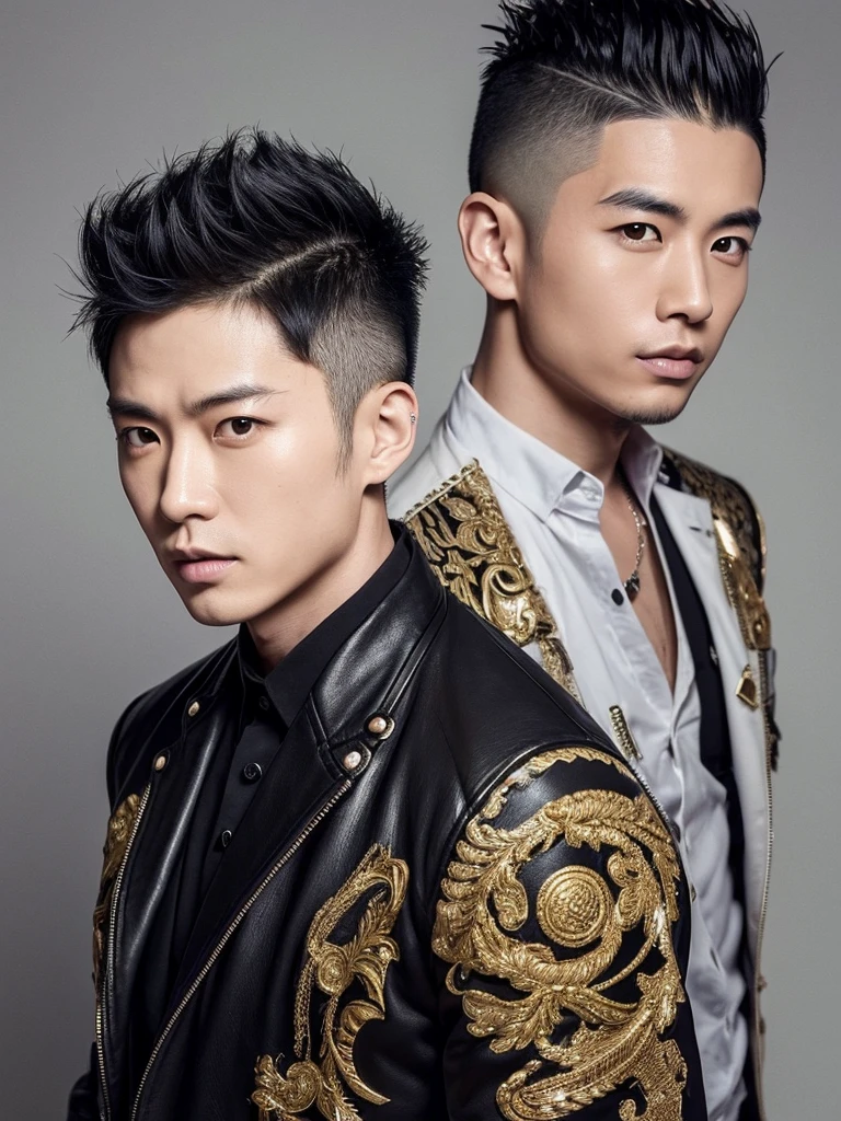 35-year-old Chinese-Japanese man, Idol and singer of a musical group a Rockstar, with short hair shaved on the sides defined abs, Cold look, similar to sid vicious