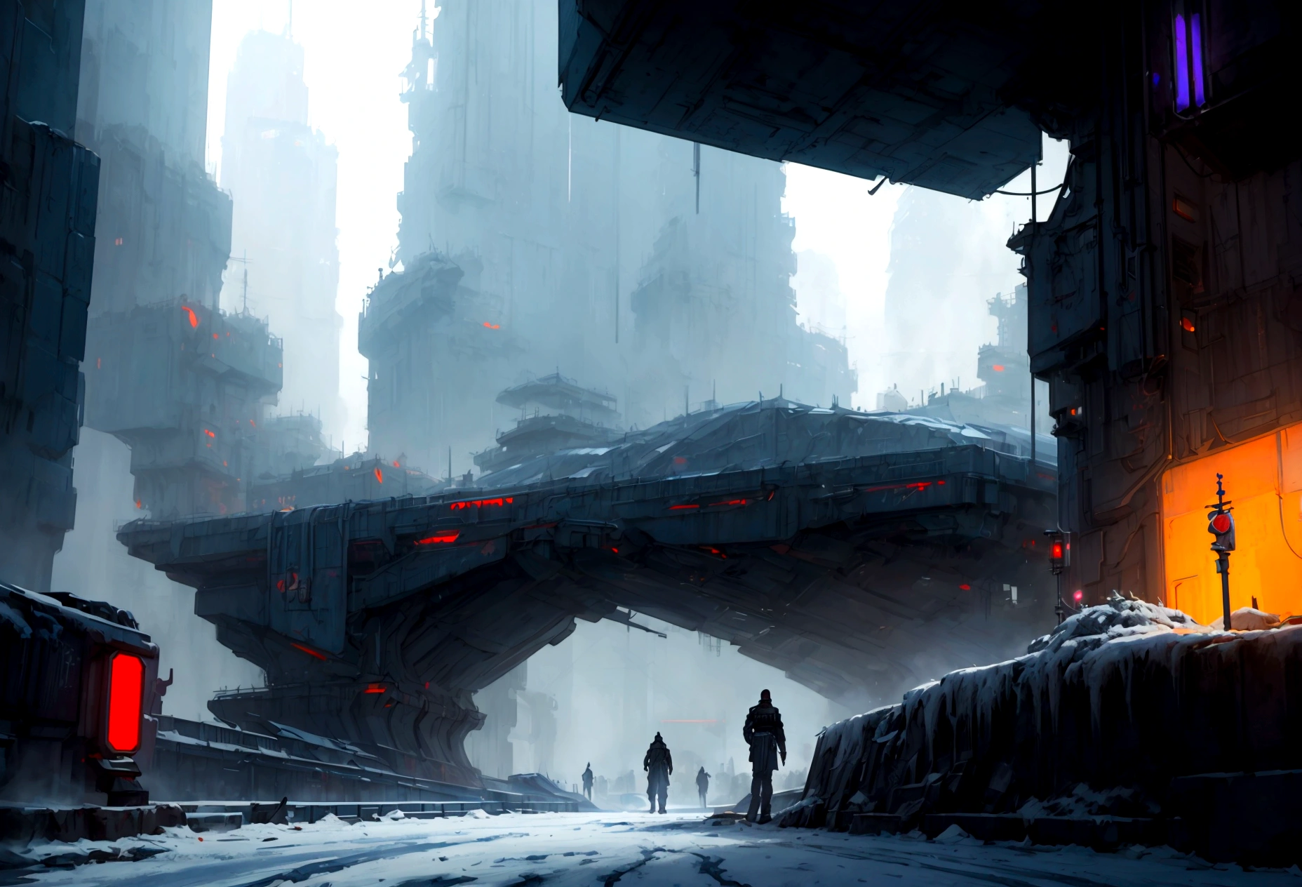 Futuristic, landscape sidescroller, a bridge in a city, urban concept art, winter concept art, bastien grivet, concept art scene, 2d concept art, digital concept art of dystopian, ❄️ corruption conceptart, cyberpunk themed art, andreas rocha style, cold environment, detailed digital concept art, concept art style, professional concept art, cyberpunk art style