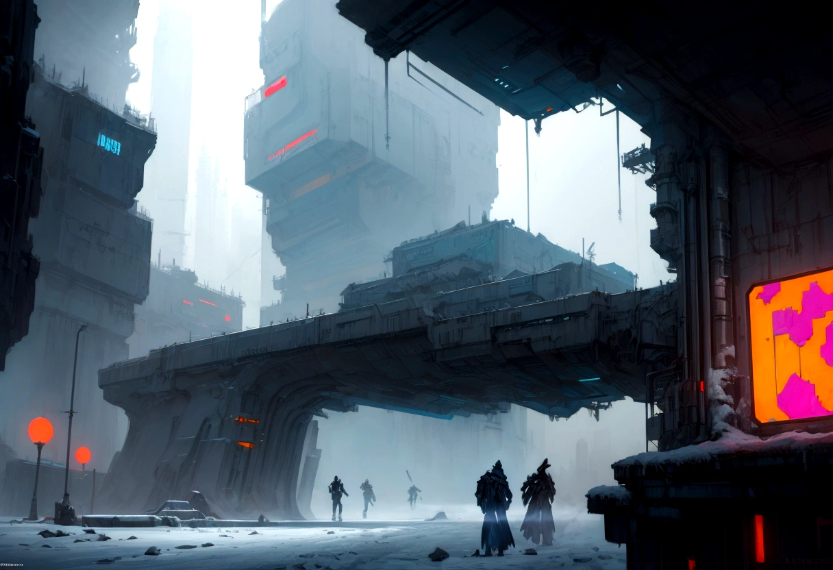 Futuristic, landscape sidescroller, a bridge in a city, urban concept art, winter concept art, bastien grivet, concept art scene, 2d concept art, digital concept art of dystopian, ❄️ corruption conceptart, cyberpunk themed art, andreas rocha style, cold environment, detailed digital concept art, concept art style, professional concept art, cyberpunk art style