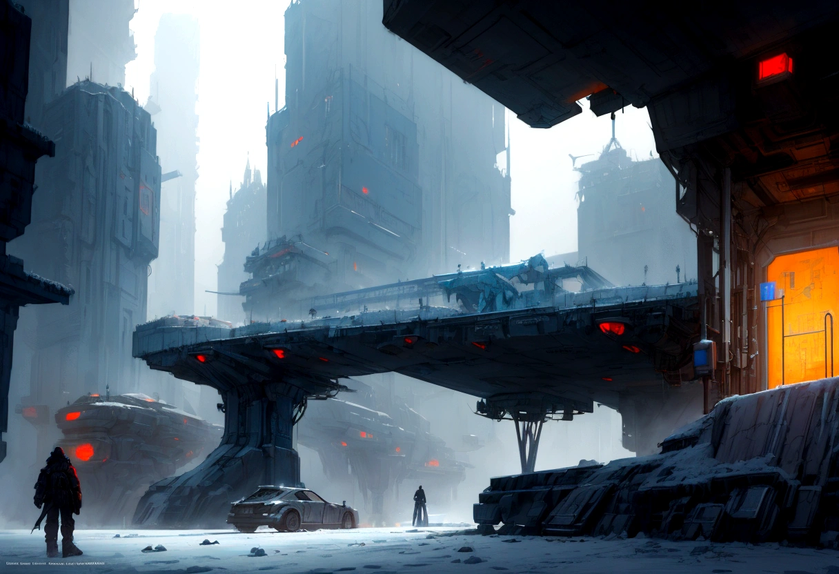 Futuristic, landscape sidescroller, a bridge in a city, urban concept art, winter concept art, bastien grivet, concept art scene, 2d concept art, digital concept art of dystopian, ❄️ corruption conceptart, cyberpunk themed art, andreas rocha style, cold environment, detailed digital concept art, concept art style, professional concept art, cyberpunk art style