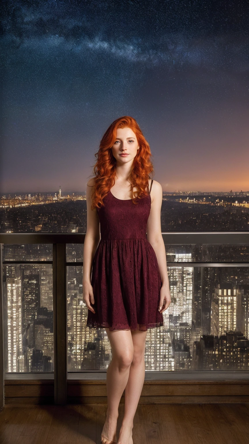 RAW uhd full body shot 24 years old redhead normal shot, hairs roux naturels, Castles, wavy, (Femme aux yeux verts) in the apartment, Prehistory of New York City, starry night sky, ,Natuta's mother, La toile de fond de la nuit de la ville, (red sundress), detailded (tissu!, hairs!, sliver, color!, Defects:1.1), High level of detail of bright eyes, (looking into camera), specular lighting, dslr, ultra quality, mise au point nette, tranchant, profondeur de champs, film grain, (centered), Fujifilm XT3, Crystal, The center of the frame, joli visage, mise au point nette, lamppost, neon lights, bokeh, (poorly lit), low-key, dans la nuit, (night sky), colorps entier, Plan moyen, , Pas de soutien-gorge, NSFW (in English only), .