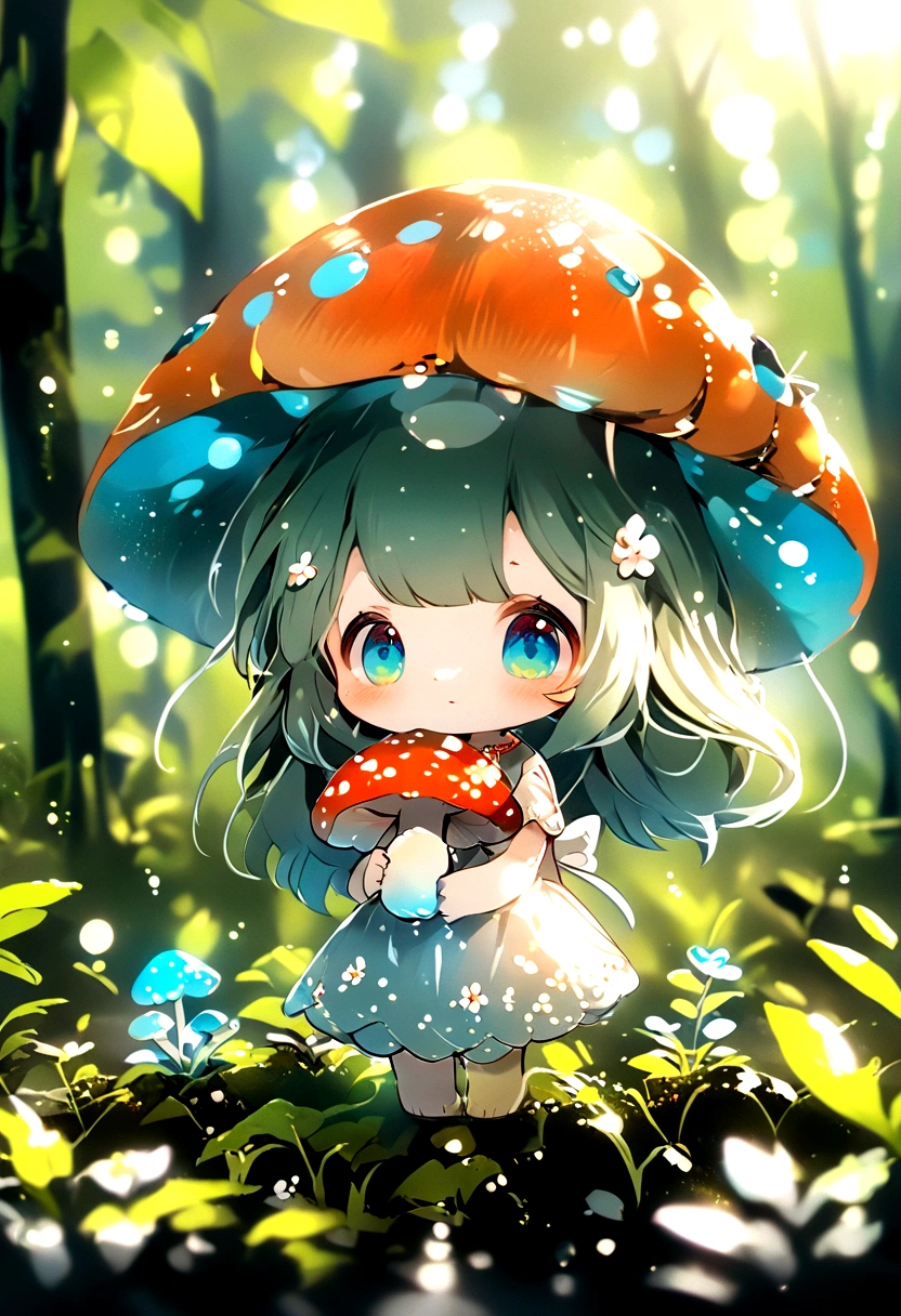 chibi, cute girl, forest, mushroom,