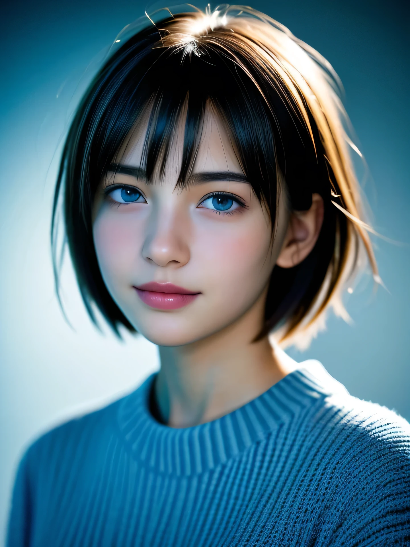 (Photo Real:1.4), (hyper realisitic:1.4), (Smooth lighting:1.05), 1 girl, teenager, blue eyes, happy, shy, smile, (looking away:1.2), Close-up of the face, Soft lighting, Back lighting, (Finest Real Textured Skins), Super fine face, glowy skin, retinas, Anatomically correct, (short Hair:1.1), bangs, Textured skin, High quality, high details, Best Quality, High resolution, sweater