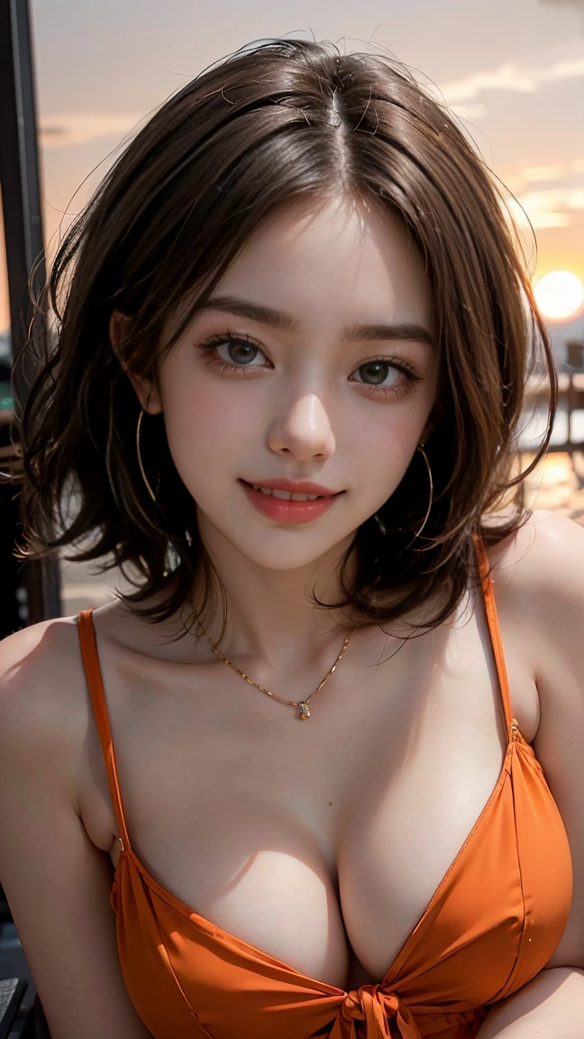 (Masterpiece, BestQuality:1.3), (ultra detailed:1.2), (hyperrealistic:1.3), (RAW photo:1.2),High detail RAW color photo, professional photograph, (Photorealistic:1.4), (realistic:1.4), ,professional lighting, (japanese), beautiful face, (realistic face), cute woman, (Brown Hair, Big Tits:1.2), (cheerful Smile:1.5), Trending Hair&Trending Hairカラーをランダムに, earrings, necklace, bracelet, sexly, erotic sexly, Random sexy gravure poses, (A beautiful woman taking off her orange summer dress、Walking sexy in the sunset。:1.3)