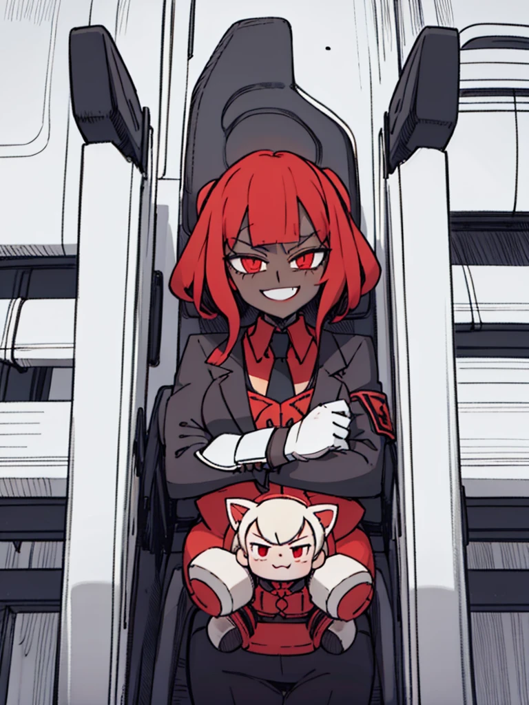 Score_9, score_8_up, score_7_up, score_6_up, gyaru, source_アニメ, 1girl, 独奏, white background, abstract rectangular background, honoka, gazing at viewer, very dark skin, cat Woman, white suit, malicious smile, Evil eyes, manikin doll, dark villain, laugh.