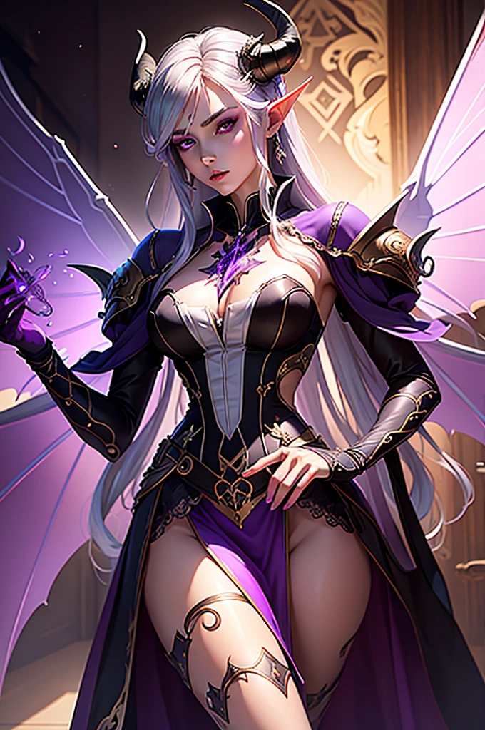 a close up of a person wearing a purple dress and a purple top, beautiful androgynous prince, black horns, silver hair, delicate androgynous prince, androgynous vampire,  wings, classic medieval dress, steampunk beautiful anime woman, attractive androgynous humanoid, beautiful character painting, high quality character design, as a dnd character, official character art, epic exquisite character art, anime character,, tavern background