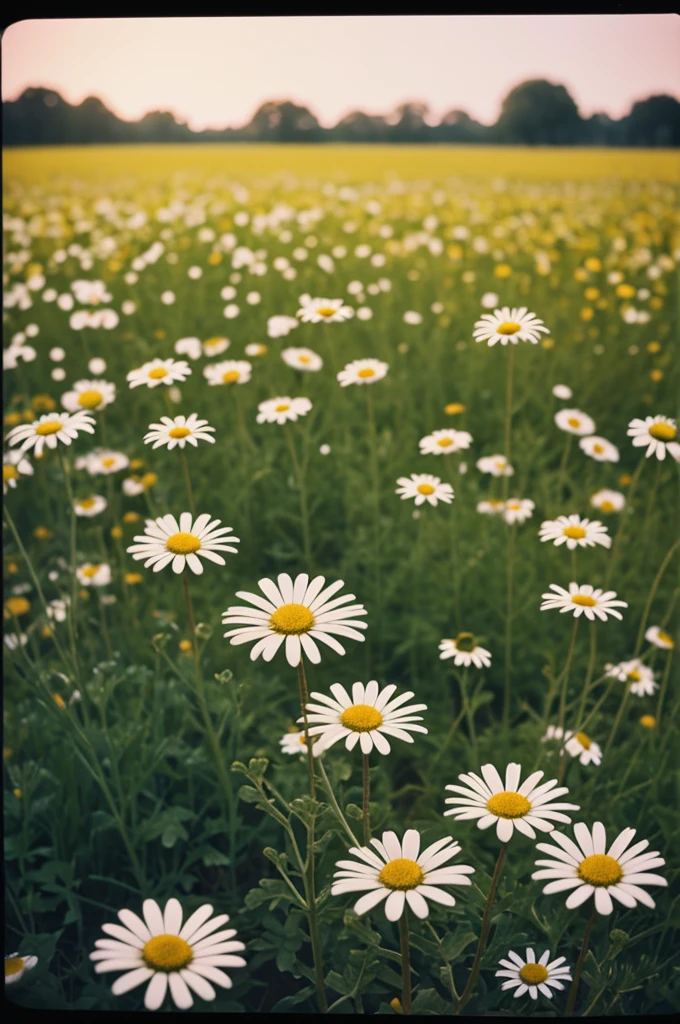 Photograph of some daisies, The photograph must contain a filter that makes it look retro vintage film