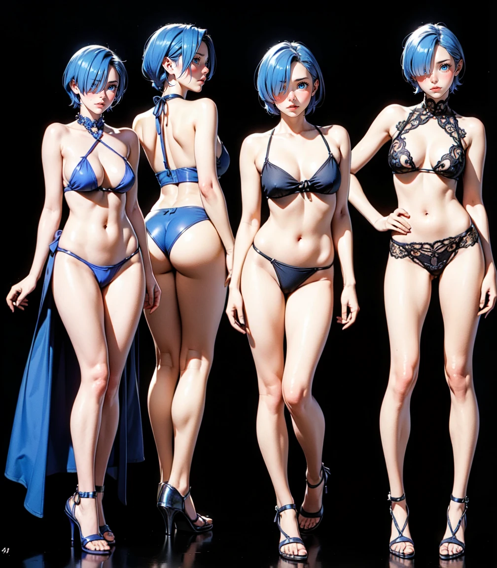 Masterpiece, best quality, 16k resolution, NVIDIA RTX Ray Tracing technology, Create a 4K resolution, ultra-realistic, and extremely detailed artwork, award winning, retina, soft light, sharp focus.(hyper-realistic:1.4) , (full body:1.5)

Rem from rezero, (remrin), blue hair, short hair, (hair over one eye:1.3), blue eyes, Nlue bikini, detailed bikini

looking at viewer, strongly ashamed, embarrased, blushing, epic, cinematic, dramatic, reflective, shining, purple glow, big breasts, cleavage, sexy, modeling pose, turned

smooth perfect skin, smooth_skin

Beautiful、(red blush)、big breasts, 

FULL BODY SHOT, ultra wide angle, textured skin, face detail, clean skin, perfect hands, perfect anatomy, anatomically correct