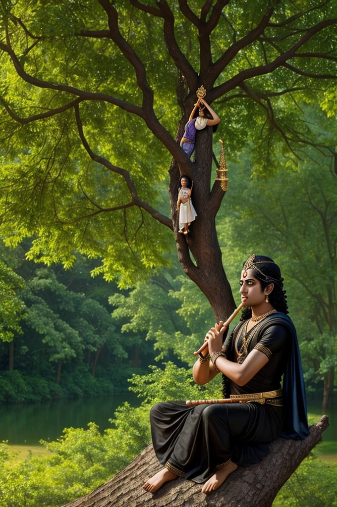 A beautiful picture of Lord Krishna wearing black dress and sleeping in tree playing flute in a beautiful. sound 3d photo with high graphic