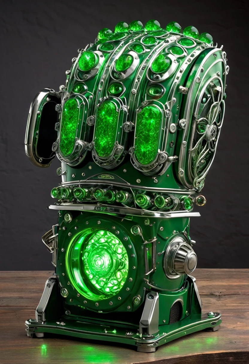 giant mechanical gauntlet, green sparks,