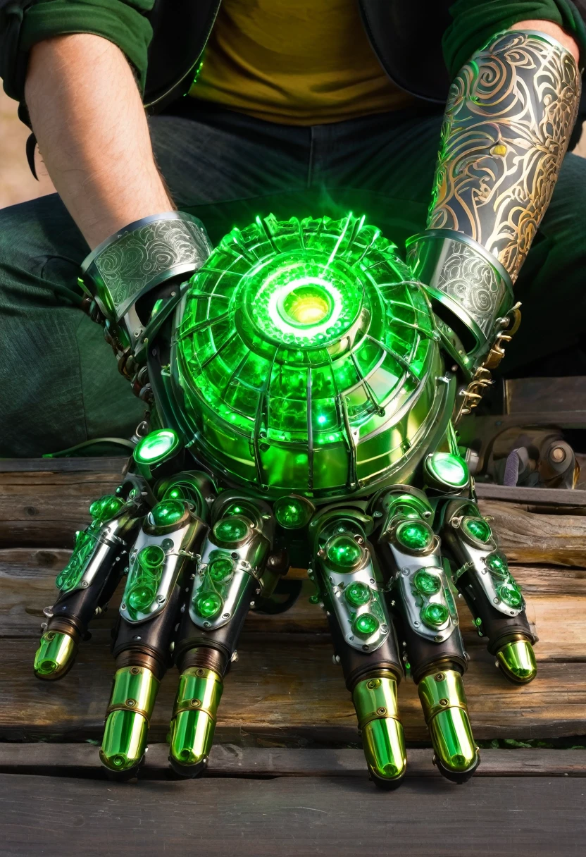 giant mechanical gauntlet, green sparks,
