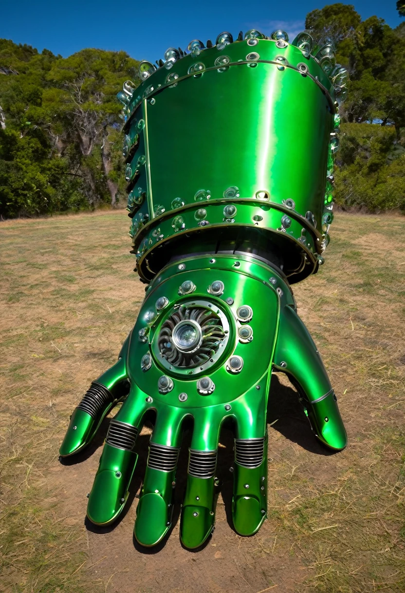 giant mechanical gauntlet, green sparks,