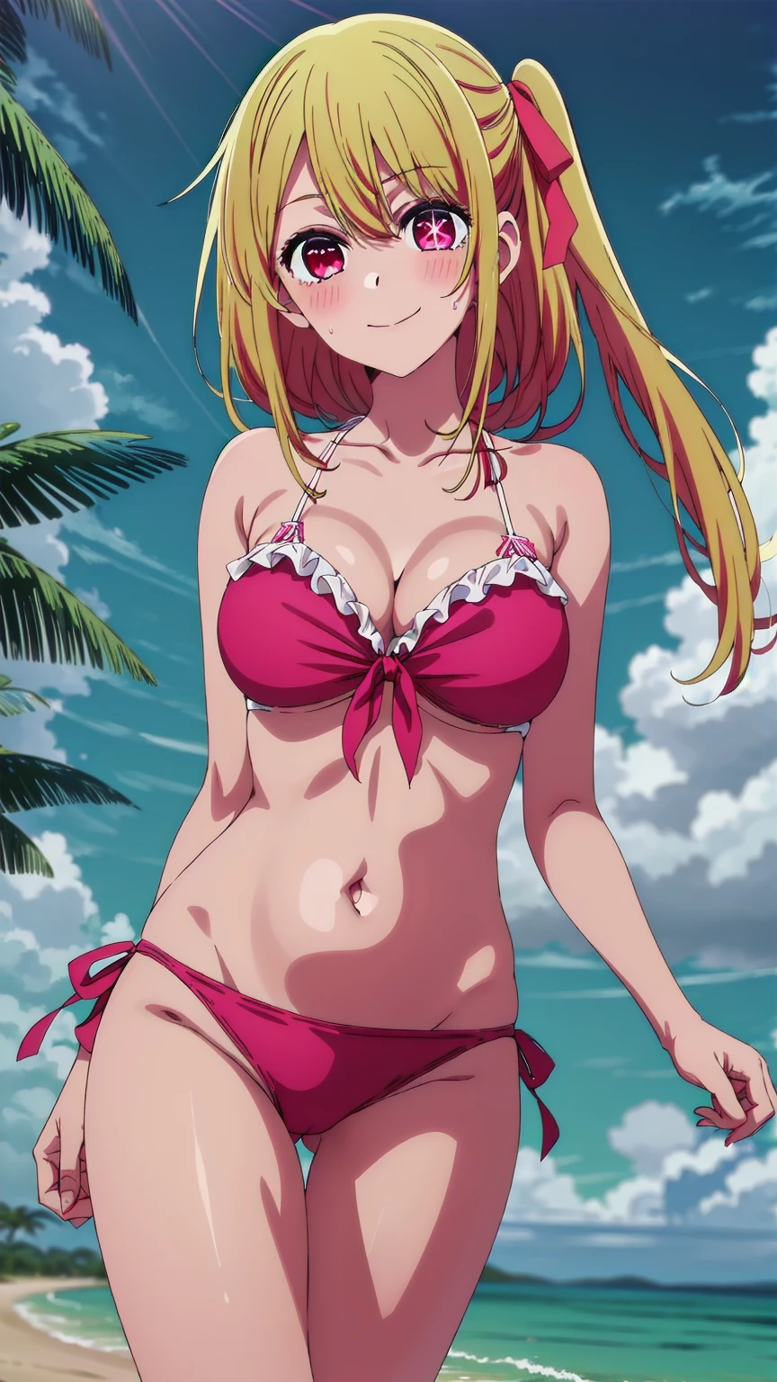best quality, masterpiece, highres, solo, {ruby_oshinoko:1.15}, blonde_hair, bangs, long_hair, blush, closed_mouth, 1girl,pink_eyes, hair_between_eyes, hair_ribbon, pink_ribbon, ribbon, red_eyes,Smiling, looking at the viewer, Bikini,blue theme, blue background, cloudy sky, sunlight, sweat, orgasmic, bikini swimsuit, large breasts, cleavage, belly button exposed, collarbone, thighs, sea and beach,