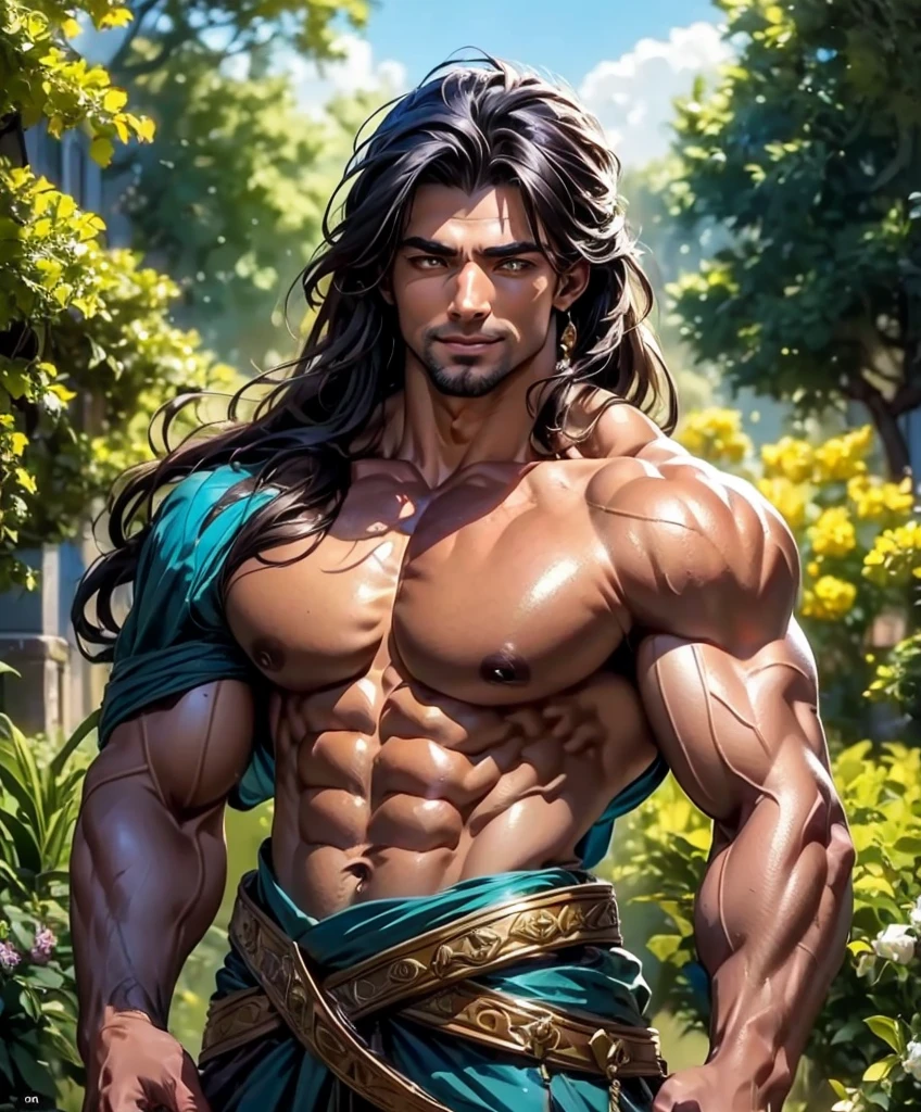 (((Single character image.))) (((1boy))) (((Dressed in medieval fantasy attire.))) This is a dashing male adventurer in a high fantasy setting. He is attractive to women and has all the attributes that make him a heartthrob. (1boy, one male) (male focus) ((front view)) (full body), (((muscular male, bodybuilder))), (large pectorals) (big pecs), (hairy), (chest hair, abdomen hair), thick epic, heroic, tanned, perfect face, (detailed facial features), long hair, sexy smile, outdoor setting, highly detailed, volumetric light, artstation, strong erotic overtones,
flirty, best quality:1.0,hyperealistic:1.0,photorealistic:1.0,madly detailed CG unity 8k wallpaper:1.0,masterpiece:1.3,madly detailed photo:1.2, hyper-realistic lifelike texture:1.4, picture-perfect:1.0,8k, HQ,best quality:1.0,