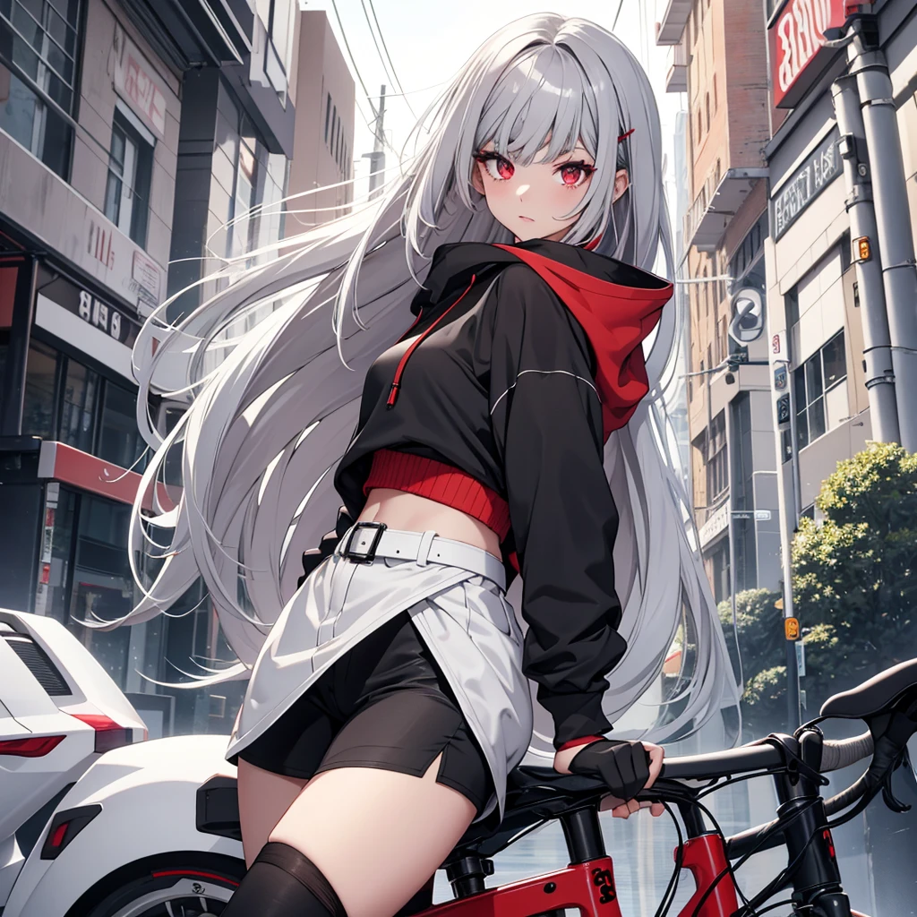 highest quality, highest resolution, masterpiece, Super detailed, 1 girl,beautiful、white skin、metallic gray hair, flowing straight long hair, heterochromia,red eyes, right eye is red, left eye is gray, straight bangs, Tree eyes、cold-hearted、cool look、black and red(8:2)colored hoodie,Gray belted roll-up shorts、white inner、black pants stockings、black short bootidnight, city,In town、leaning on a large bike, whole body, diagonal angle