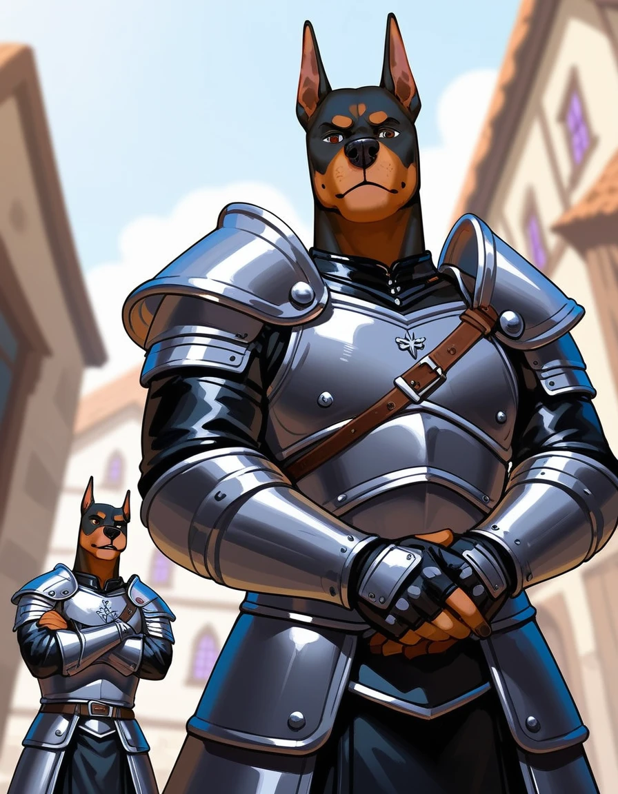 Duo, score_9,score_8_up,score_7_up, duo, two soldiers, male, medieval mercenaries, (black armor, black leather armor):1.4, one is a human male, the other is an Anthro Doberman male, their eyes and faces are shrouded in shadow, they are wearing leather armor, outdoors, in a village, low angle shot, they are looking down at viewer, pov, arms crossed, faceless, their faces are shrouded in darkness, arms crossed, they are standing, grinning:1.5 deviously, evil smiles, ill intent, mysterious men