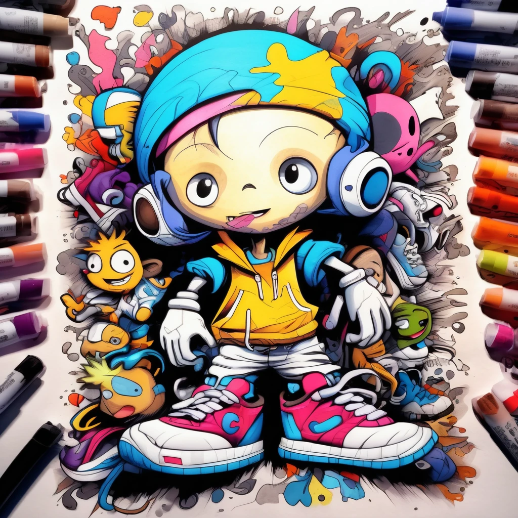Skottie Young Style - hiphop moon drawn and colored with markers cheo bristol art style

A background completely filled with scattered sneaker in various sizes and colors, covering the entire screen.
