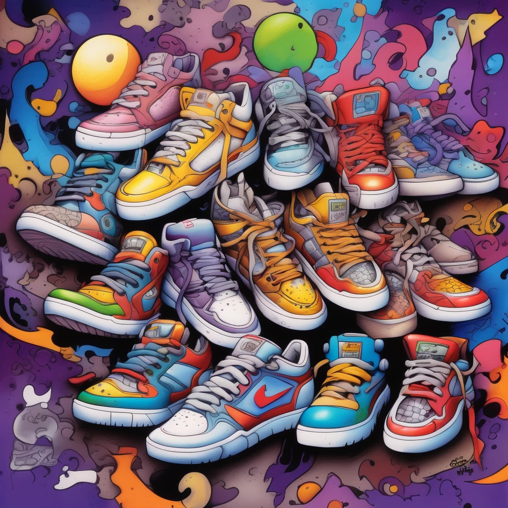 Skottie Young Style - hiphop moon drawn and colored with markers cheo bristol art style
A background completely filled with scattered sneaker in various sizes and colors, covering the entire screen.