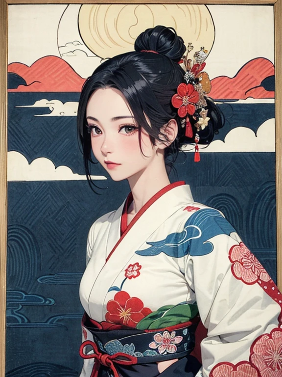 (masterpiece, Highest quality,High resolution, Official Art), (One girl), Bright and vivid color patterns in Japanese clothing、Black hair in a Japanese round topknot,Traditional Japanese patterned fabric, (Dynamic movements),(Shiny skin),  ( Ukiyo-e background,moon,flower,cloud )