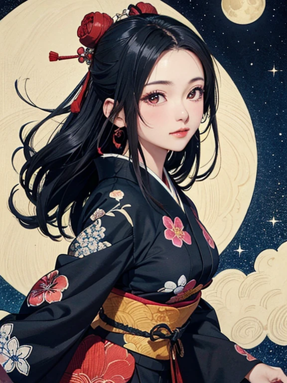 (masterpiece, Highest quality,High resolution, Official Art), (One girl), Bright and vivid color patterns in Japanese clothing、Black hair in a Japanese round topknot,Traditional Japanese patterned fabric, (Dynamic movements),(Shiny skin),  ( Ukiyo-e background,moon,flower,cloud )