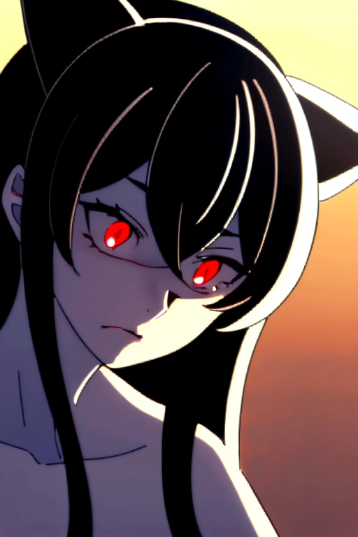 1 black-haired girl with cat ears, pale skin and red eyes ripping out a boy's guts, bleeding profusely.