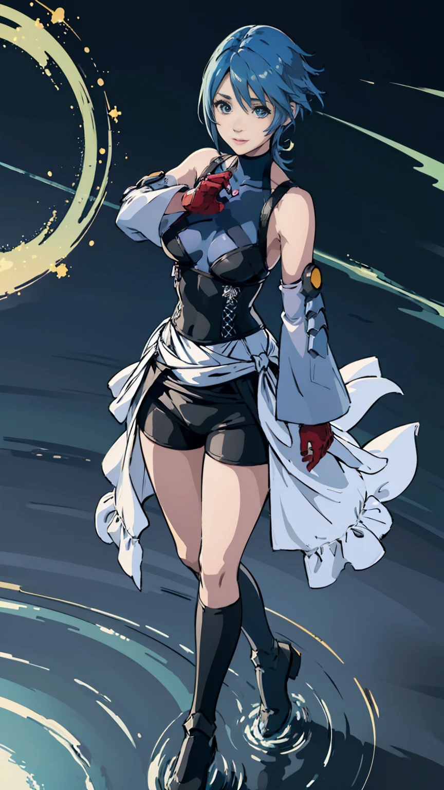 ((Full body photo, standing, feet on the ground)) aqua, 1girl, absurdities, masterpiece, blue eyes, blue hair, breasts, chest strap, elbow gloves, gloves, (skirt), (hearts of the kingdom ), looking at the viewer, transparent water bottom, smile, alone, clear sky, open field, empty background, wide sleeves, medium breasts, long stockings, highlighted sleeves, black shorts, fingerless gloves, light background, (thighs) , view from above, dynamic view
