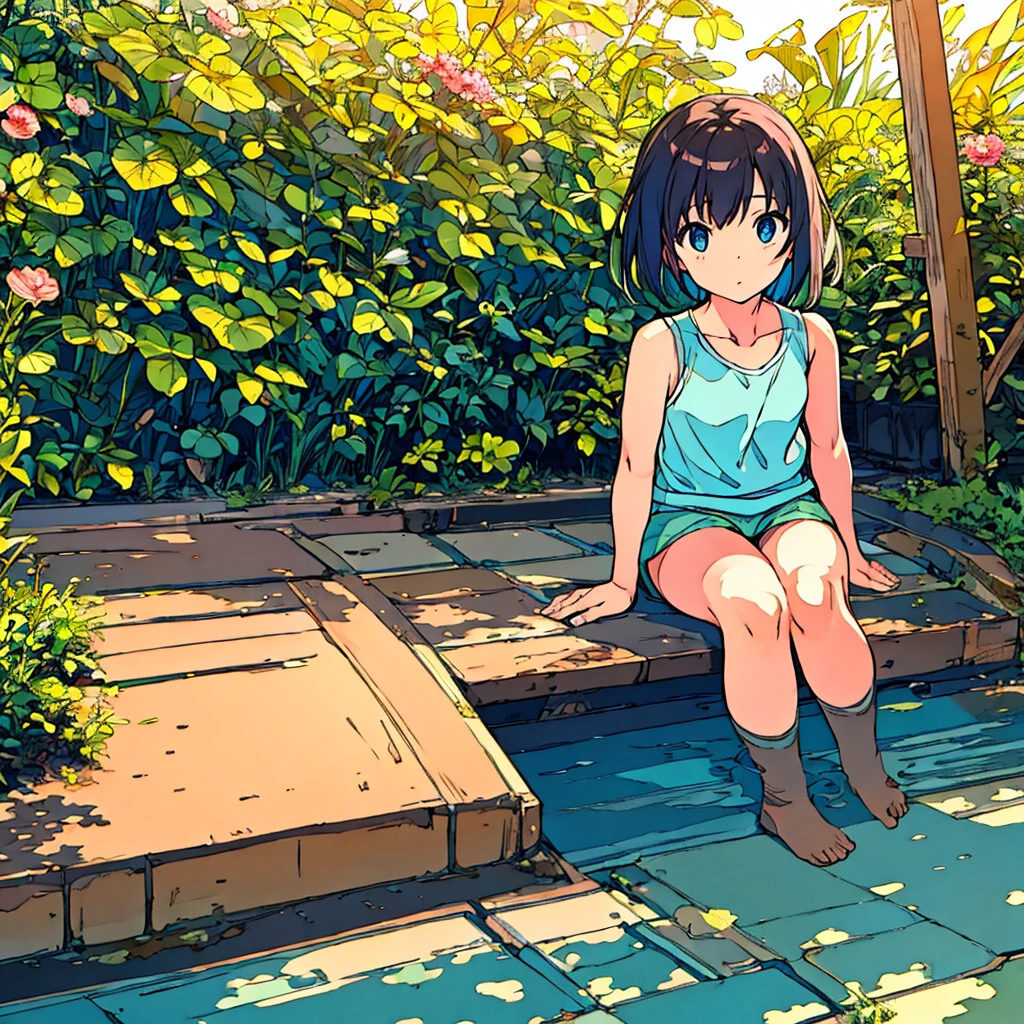 Full body of a sitting girl wearing a tank top Japanese summer Sunshine Nostalgic