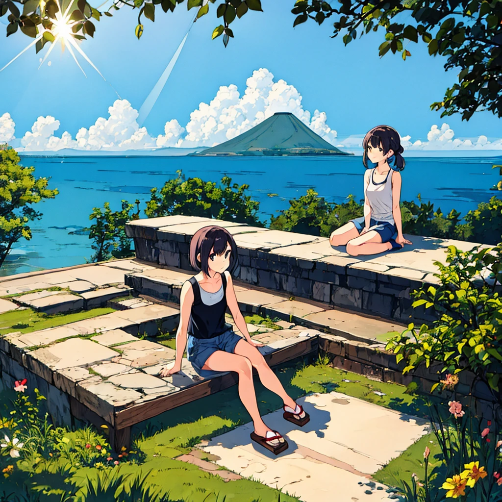Full body of a sitting girl wearing a tank top Japanese summer Sunshine Nostalgic