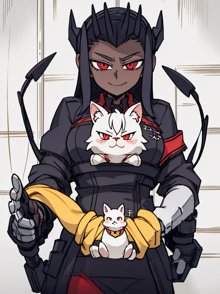 Score_9, score_8_up, score_7_up, score_6_up, gyaru, source_アニメ, 1girl, 独奏, white background, abstract rectangular background, honoka, gazing at viewer, very dark skin, cat Woman, white suit, malicious smile, Evil eyes, manikin doll, dark villain, laugh.