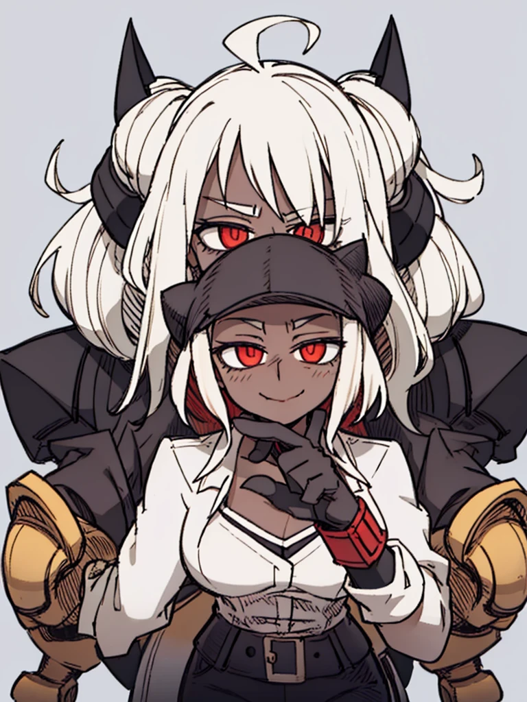 Score_9, score_8_up, score_7_up, score_6_up, gyaru, source_アニメ, 1girl, 独奏, white background, abstract rectangular background, honoka, gazing at viewer, very dark skin, cat Woman, white suit, malicious smile, Evil eyes, manikin doll, dark villain, laugh.
