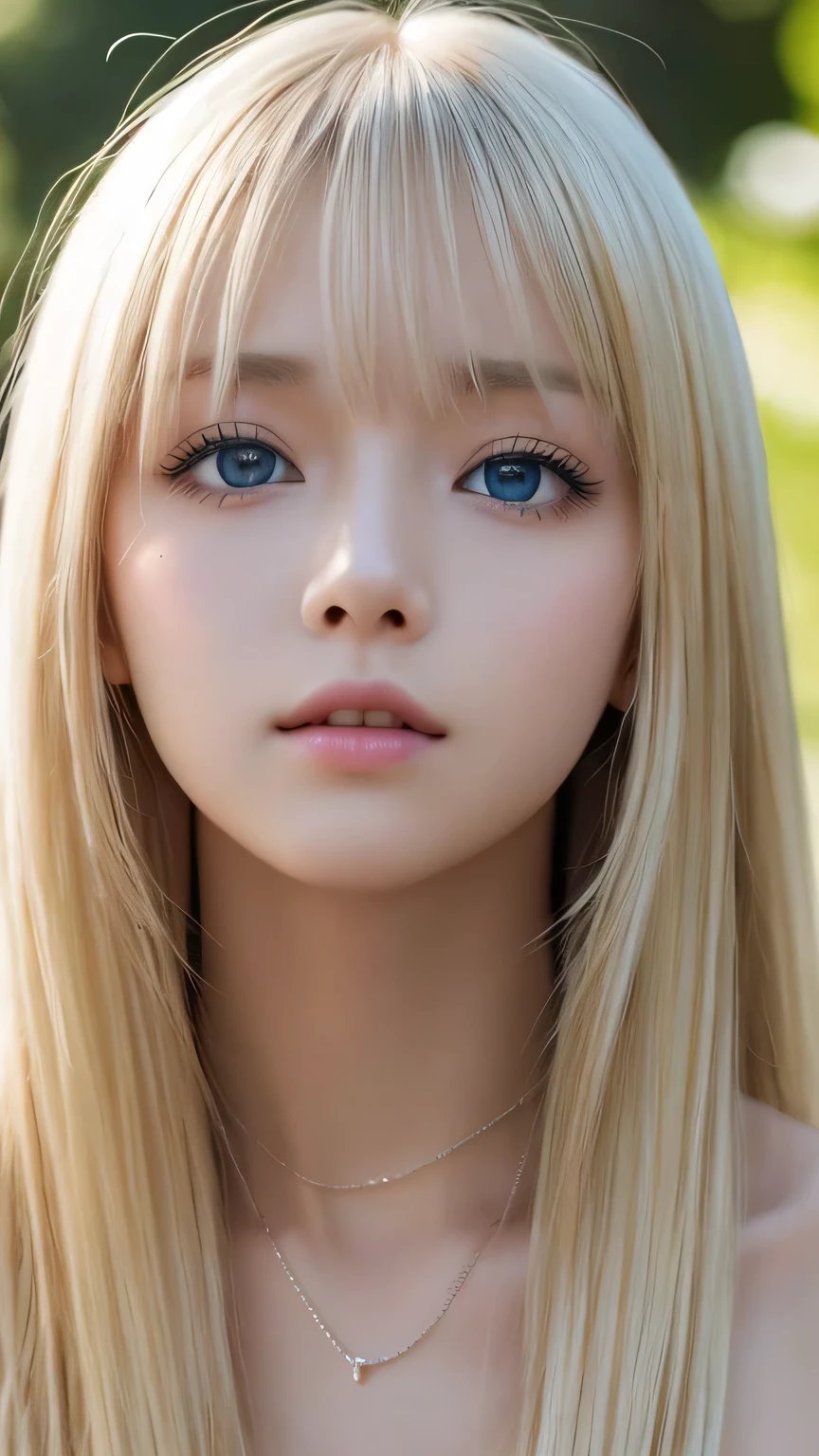 Realistic、Super Adoption、1 young idol girl、Gazing into the distance、date、Round and young々Shii々Shii々Shii々Shii々funny Face、Bangs between the eyes、Accessories Full、necklace、big, clear, bright light blue eyes、Very big eyes、Long eyelashes、Big Breasts、Slim waist、light makeup、Beautiful Teeth、Embarrassed look。Shiny blonde hair、Super long, straight, silky platinum blonde hair、Beautiful girl with small face、Gloss Cheek Highlight、Browsing Caution,naked、(((naked, Perfect detail, Very detailed))),Show me your pussy