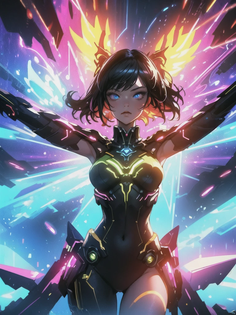 (masterpiece, best quality), 1lady, solo, masterpiece, artstation, dynamic, charming, magical, unreal engine, fantastically beautiful, illustration, dramatic lighting, rave background, neon glow, maximalist