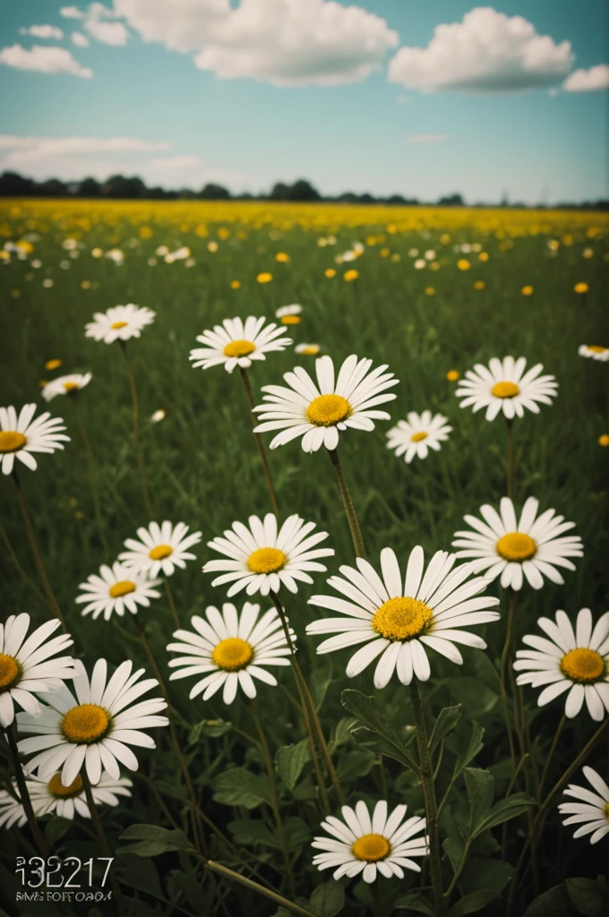Photograph of some daisies, The photograph must contain a filter that makes it look as if it were from a retro vintage film.