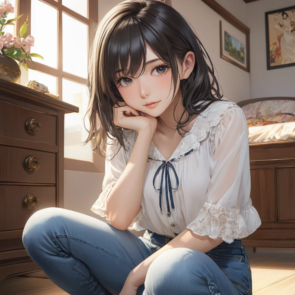 (masterpiece, Highest quality:1.2), One girl, alone,bony body、15 years old、Anime Style、(masterpiece, Highest quality:1.2), One girl, alone,bony body、15 years old、master piece , best quality , matured woman face , squatting , blouse , short denim , room , indoor