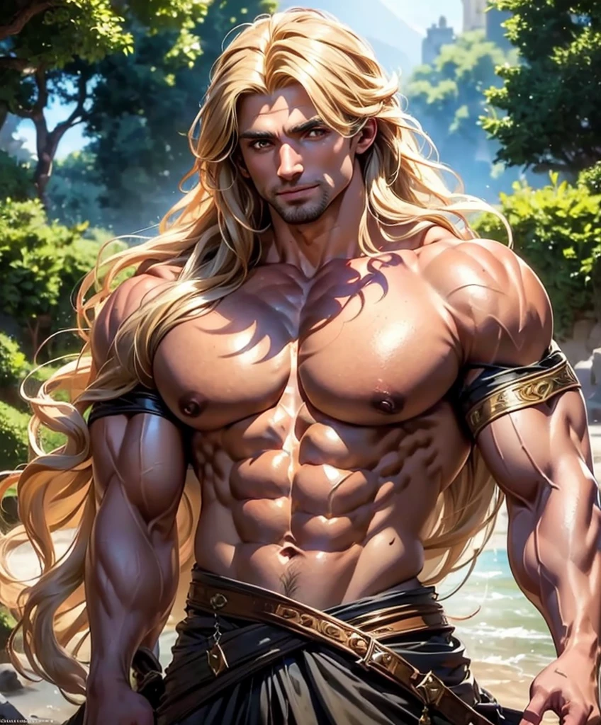 (((Single character image.))) (((1boy)))   (((Dressed in medieval fantasy attire.))) (((Sexy long blond hair.))) This is a dashing male adventurer in a high fantasy setting.  He is attractive to women and has all the attributes that make him a heartthrob. (1boy, one male) (male focus) ((front view)) (full body),  (((muscular male, bodybuilder))), (large pectorals) (big pecs), (hairy), (chest hair, abdomen hair), thick epic, heroic, tanned, perfect face, (detailed facial features), long hair, sexy smile, outdoor setting, highly detailed, volumetric light, artstation, strong erotic overtones, 
 flirty, best quality:1.0,hyperealistic:1.0,photorealistic:1.0,madly detailed CG unity 8k wallpaper:1.0,masterpiece:1.3,madly detailed photo:1.2, hyper-realistic lifelike texture:1.4, picture-perfect:1.0,8k, HQ,best quality:1.0,