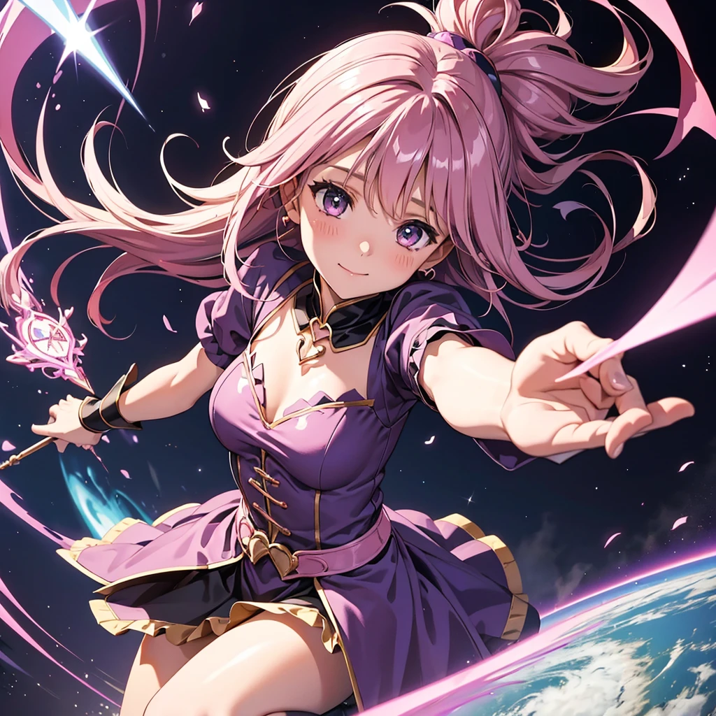 high resolution、A witch who controls the magic of love。I have a heart wand、Flying around cutely。At a dynamic angle。Overall、Pink Image