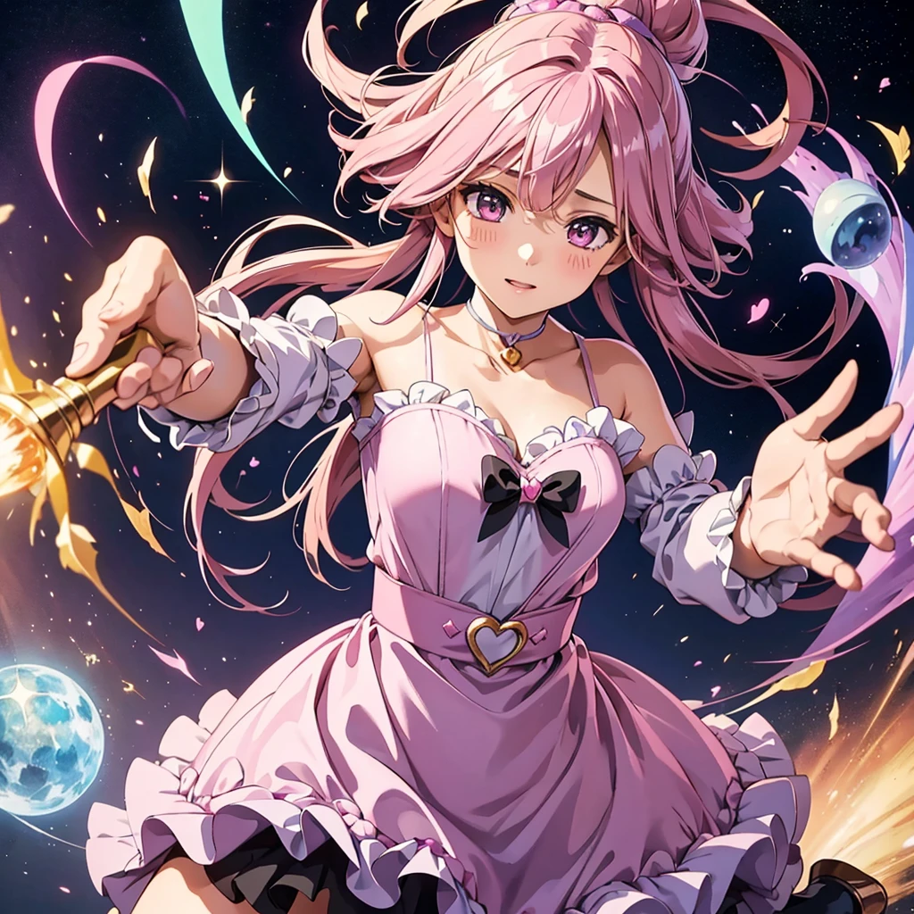 high resolution、A witch who controls the magic of love。I have a heart wand、Flying around cutely。At a dynamic angle。Overall、Pink Image