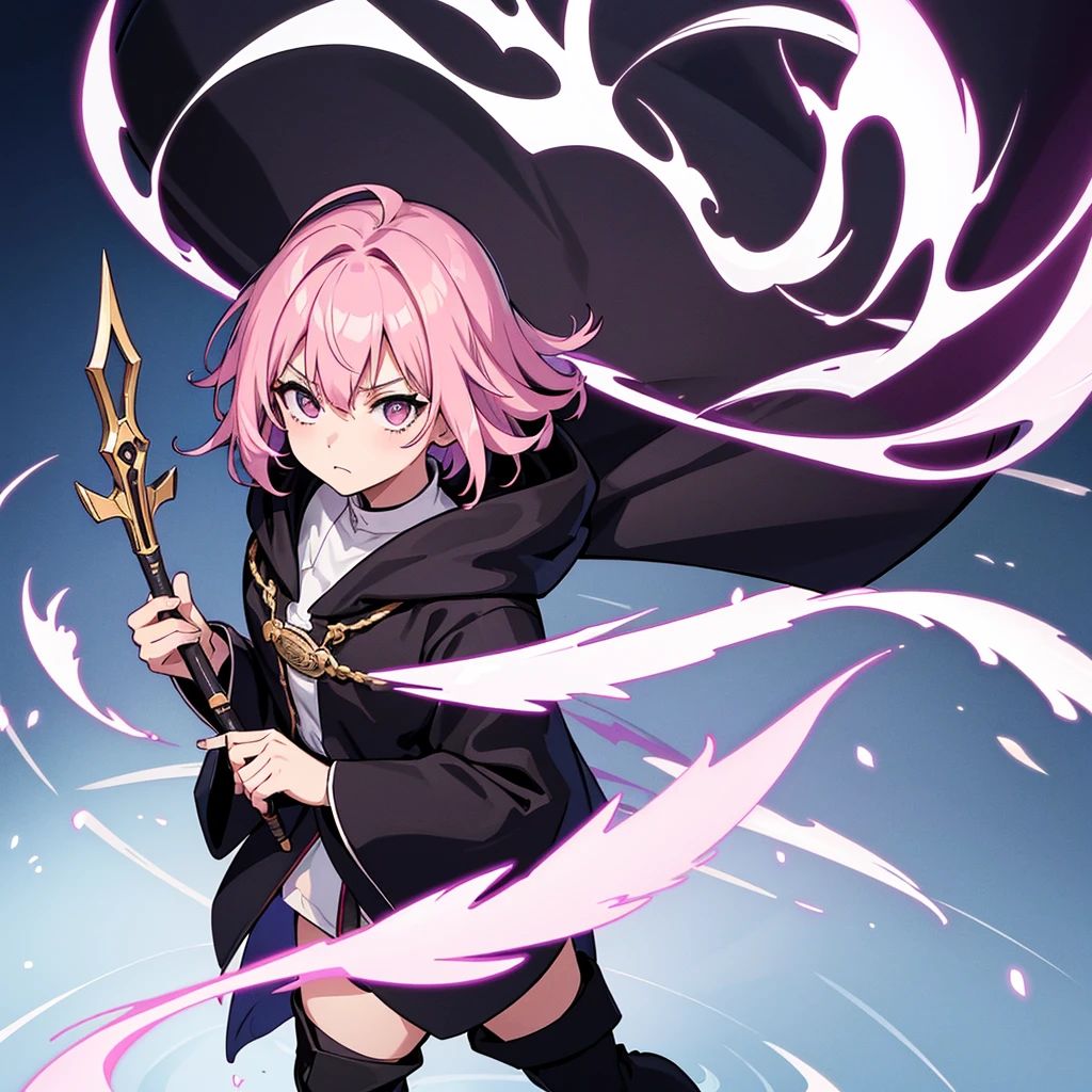 Best illustrations、Best Quality、(Solo、23 years old)、(The same face:1.1),Medieval Fantasy、Magic wand,(White Background)、(Pink Hair、Very Short Hair、Align your bangs)、(Black hood)、(((Long sleeve、Black Robe、pants、Knee-high boots)))、(斜めFrom above)、Run、(get annoyed)、Cowboy Shot、Movement angle、Arrow of Light、Use magic、From above