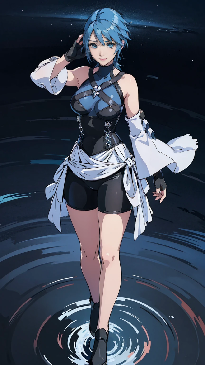 ((Full body photo, standing, feet on the ground)) aqua, 1girl, absurdities, masterpiece, blue eyes, blue hair, breasts, chest strap, elbow gloves, gloves, (skirt), (hearts of the kingdom ), looking at the viewer, transparent water bottom, smile, alone, clear sky, open field, empty background, wide sleeves, medium breasts, long stockings, highlighted sleeves, black shorts, fingerless gloves, light background, (thighs) , view from above, dynamic view
