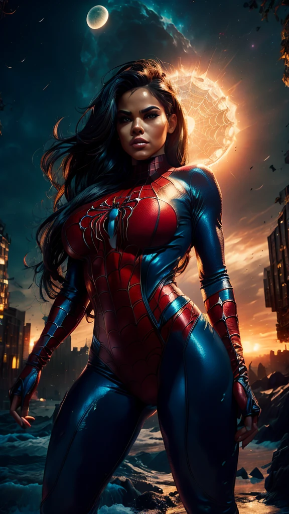 Adult Latina model Daisy Marie, topless, Sexy female dressed as Spider-Man, sexy with enormous tits, gorgeous face, beautiful, hourglass figure, highly detailed, masterpiece, 96k rendering, full moon in background, stars in sky, city lights, New York, nighttime, spider web, exsquisite MCU cinematic lighting, accurate real life face, perfect facial features, super long flowing brunette hair